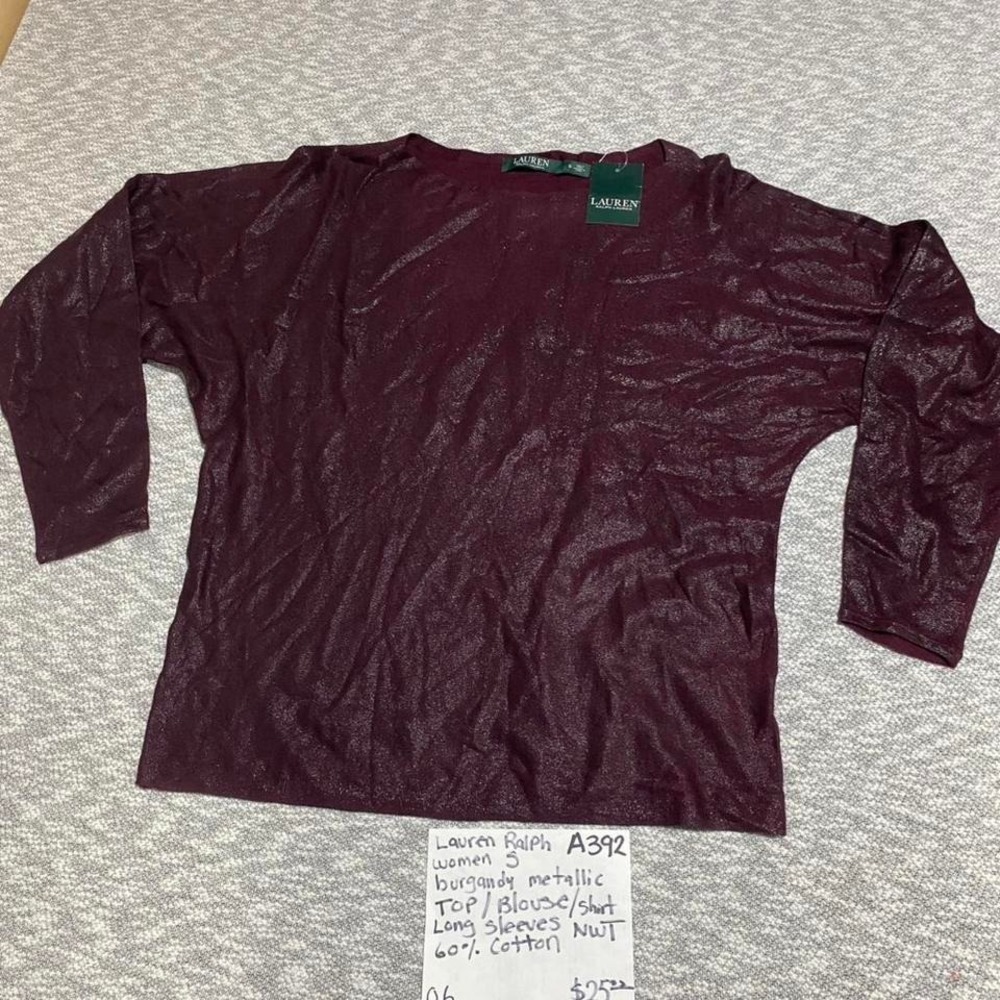 Ralph Lauren burgundy metallic long sleeve top blouse NWT women S. SKU-A392